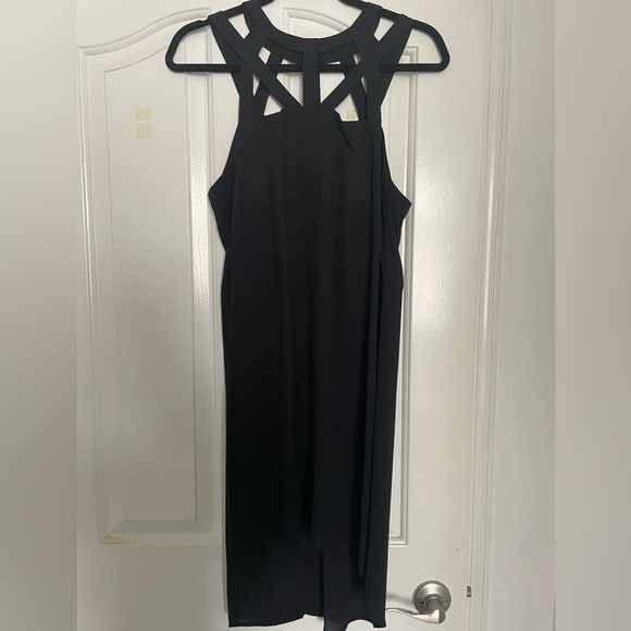 BCBGMaxAzria Cutout Neck Harness Collar High Low Slip Dress in Black - Picture 3 of 6